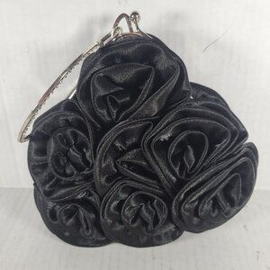 Black Satin Rose Classic Elegant Rhinestone Silver Handle Triangle Clutch Purse